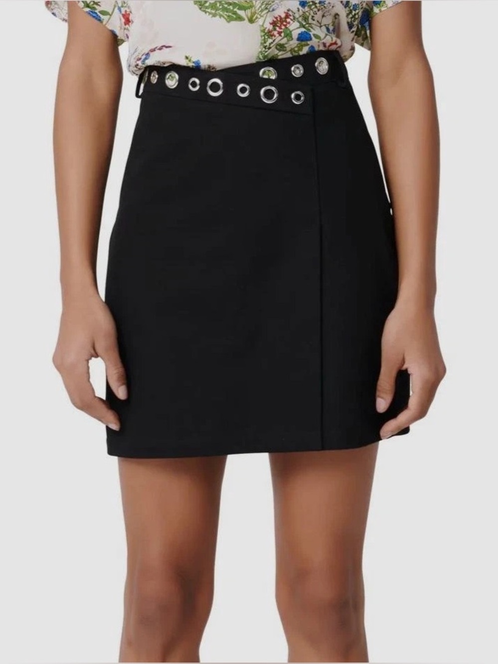 Maje Black Eyelet-Trim Wrap Mini Skirt